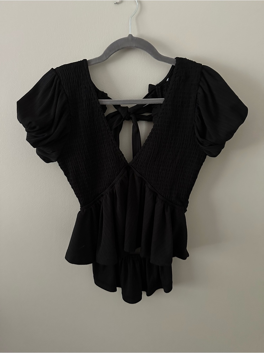 Black Ruffled Open Back, Tie-Back Women’s Top